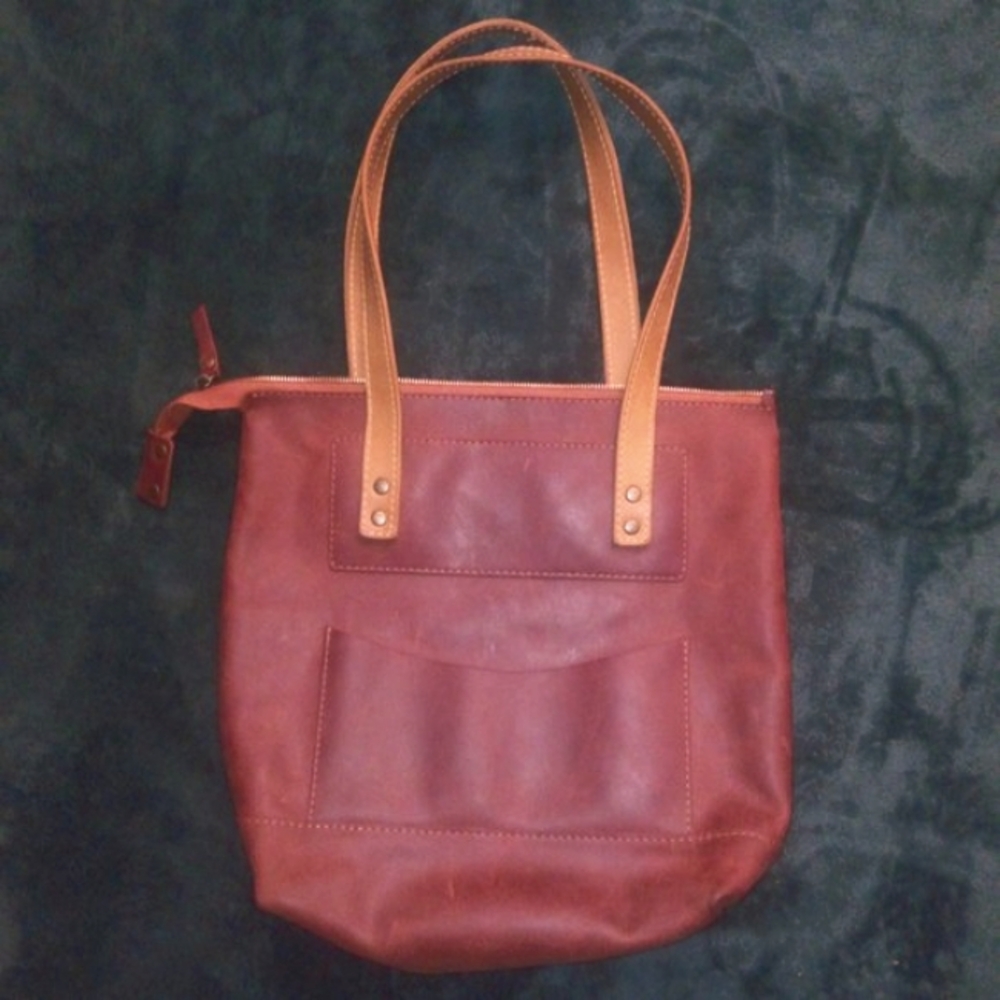 Babak Two Toned Square Leather Tote, Reddish Brown & Tan - Picture 7 of 15
